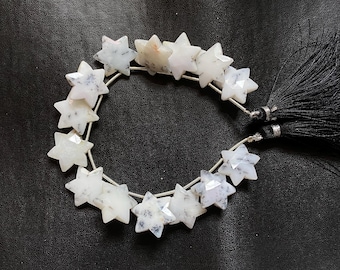 May include: A strand of white star-shaped gemstone beads with black inclusions, strung on silver wire with black tassel accents.