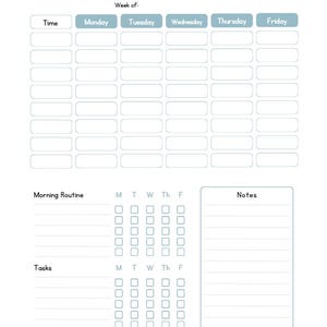 May include: A white weekly class schedule with a blue header that reads "Week Class Schedule". The schedule includes sections for time, Monday through Friday, morning routine, tasks, and notes. The text "Noble Minds Co." is at the bottom.
