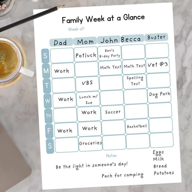 Family Weekly Calendar Printable | Family Planner at a Glance ...