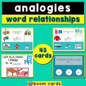 May include: 43 colorful cards with images and text for an educational game about analogies and word relationships.  The cards feature examples like "zookeeper is to zoo as teacher is to school" and "swimsuit is to beach as jacket is to winter".