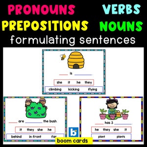 Formulating Sentences with pronouns, verbs, prepositions & nouns|back to school|sentence building|boom cards