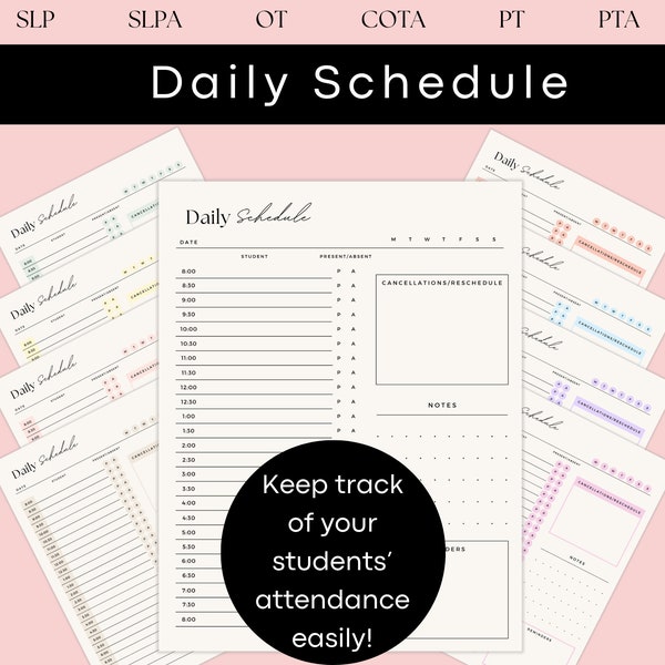 Daily Schedule SLP SLPA Planner SLP data sheet, organization printables, printable schedule, printable daily planner speech therapy