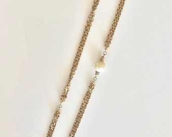 Vintage 50s 60s antiqued gold tone double chain faux pearl necklace