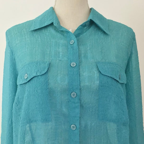 Vintage 80s 90s sheer textured boxy button down turquoise blouse size Large