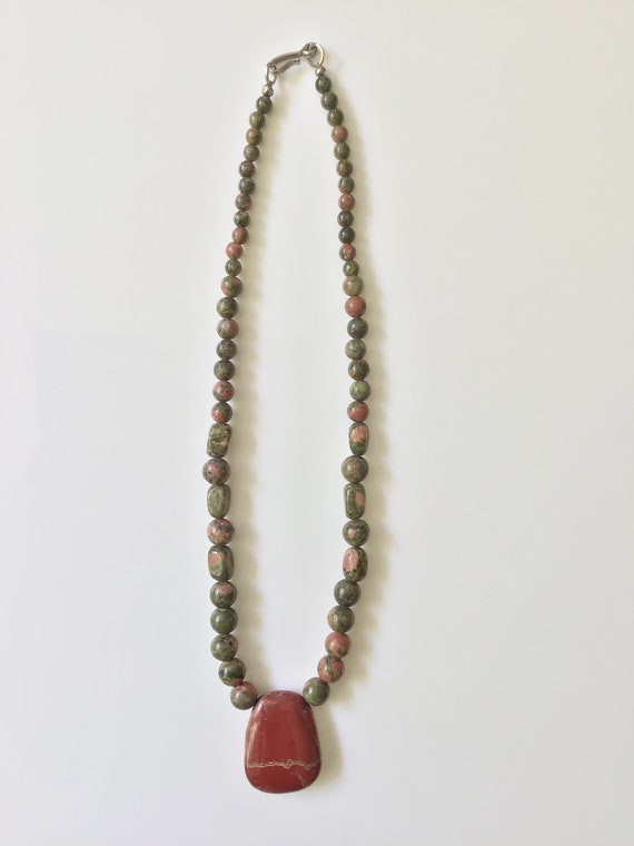 Unakite Jasper beaded pendant artisan chunky stat… - image 3