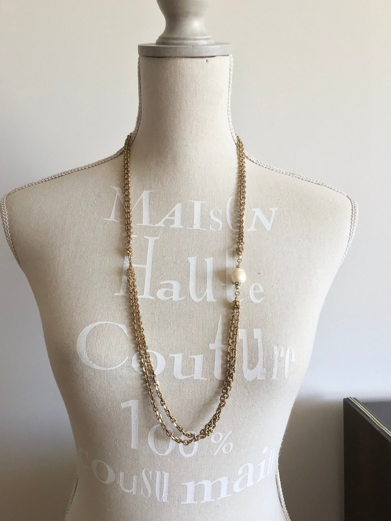 Vintage 50s 60s Antiqued Gold Tone Double Chain Faux Pearl Necklace Etsy