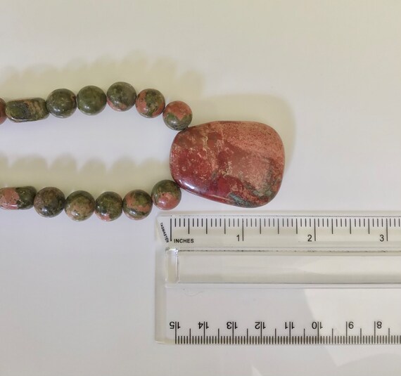 Unakite Jasper beaded pendant artisan chunky stat… - image 7