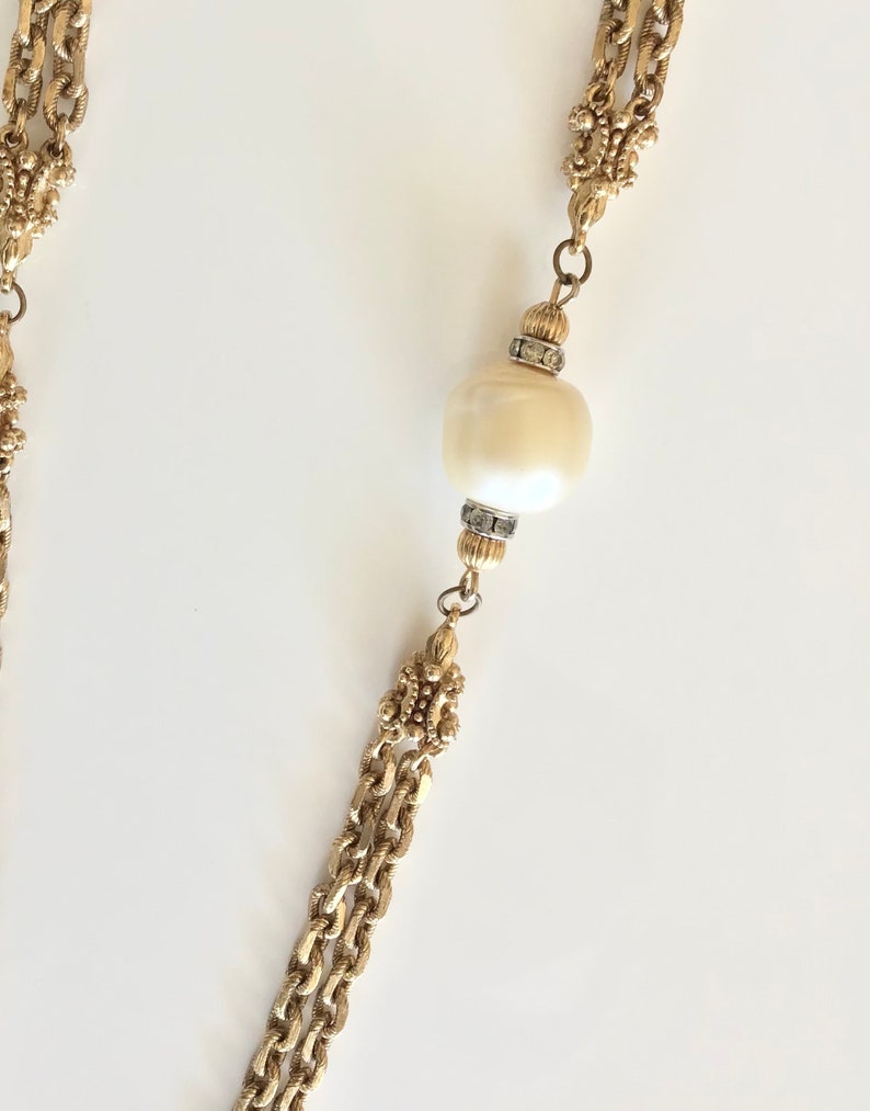 Vintage 50s 60s Antiqued Gold Tone Double Chain Faux Pearl Necklace Etsy