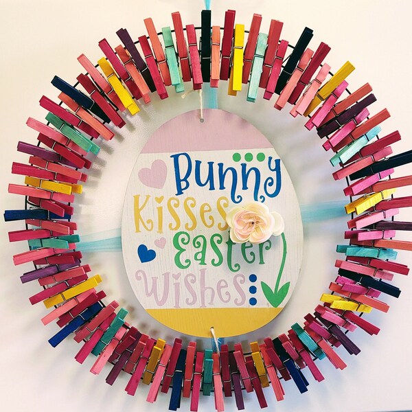 EASTER CLOTHESPIN WREATH/Hand painted Sign/Bunny Kisses Easter Wishes/Easter Door Decor/Housewarming Gift