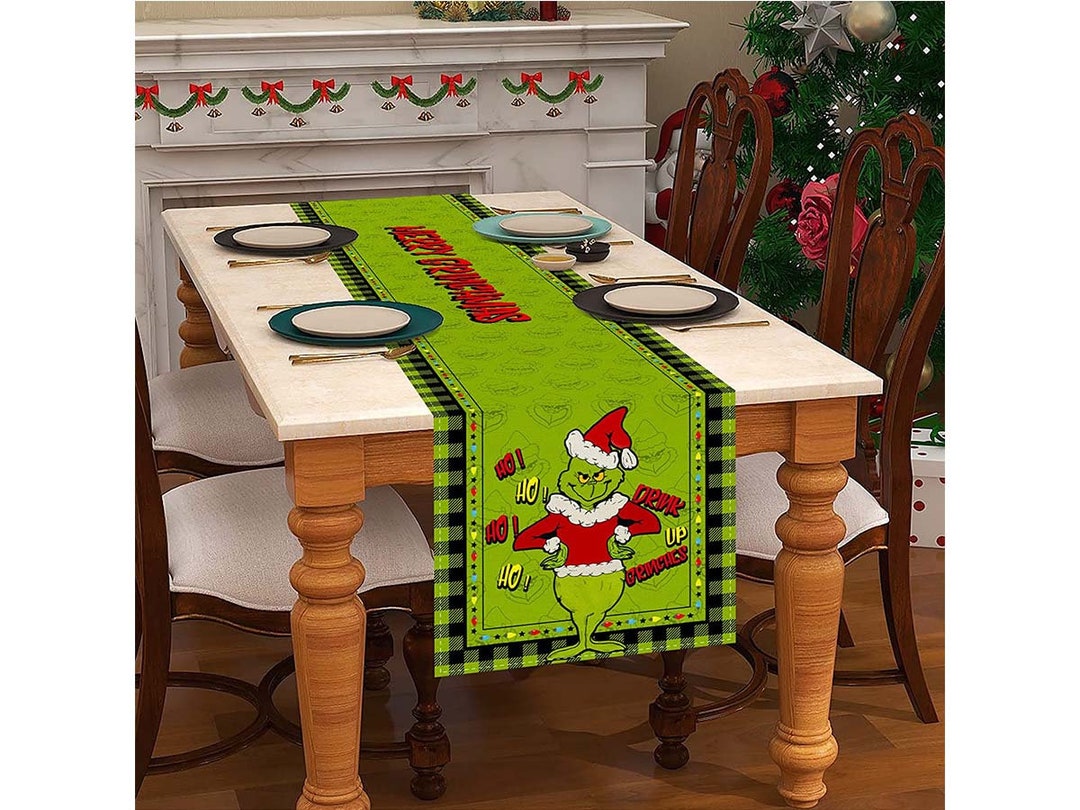 Linen Green Grinch Christmas Table Runner Merry Grinchmas Tablecloth