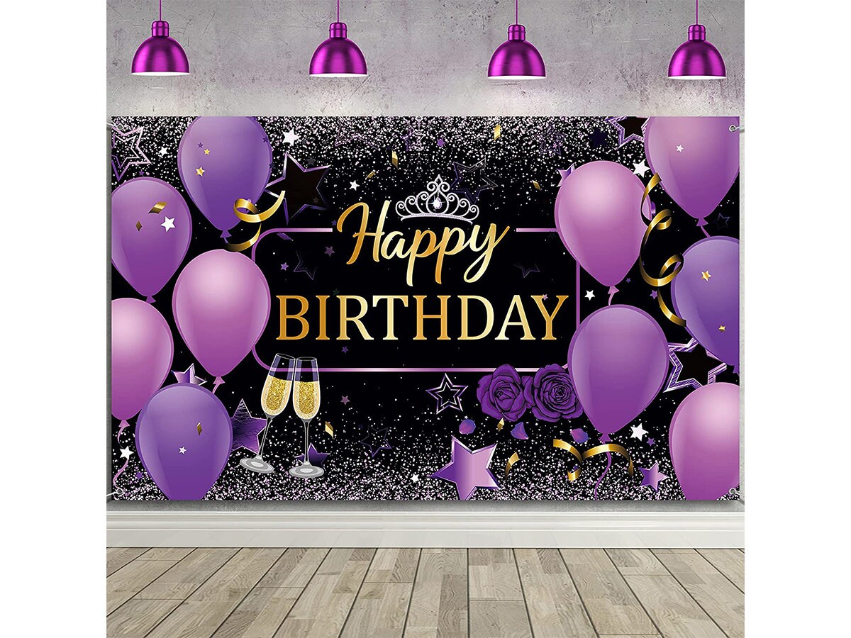 Happy Birthday Decorations Banner Purple Happy Birthday Sign Birthday Party Supplies Purple Photo Backdrop Background with Rose for Birthday Party Favor for Women Girl Celebration 72.8 x 43.3 Inch 