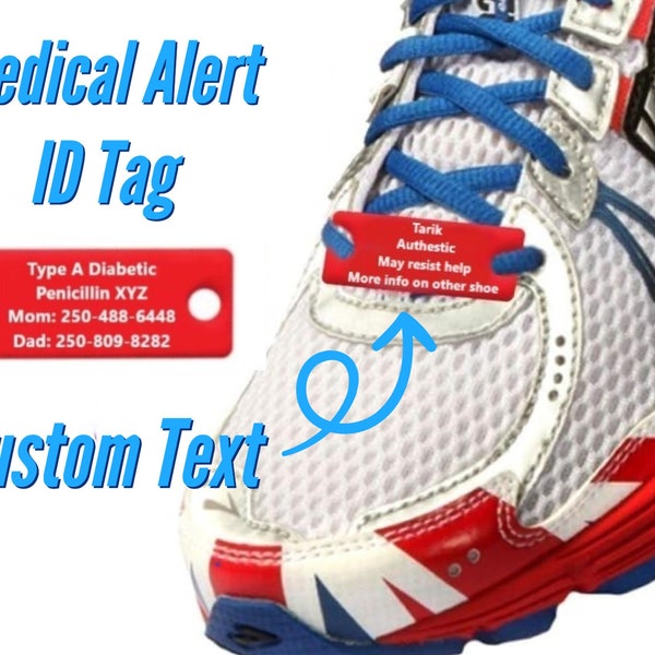 Custom Medical ID Shoe Tags, Medic Alert Personalized Tags For Autistic and Autism, In Case of Emergency ICE ID Tag, Emergency Shoelace Tag