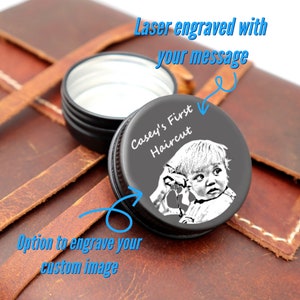 Personalized Baby First Hair Cut Keepsake Tin Box With Custom Image And Text | First Lock of Child&#39;s Haircut Memory Box With Engraved Image
