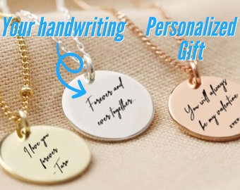 Custom Handwriting Necklace With Your Actual Hand Writing, Vintage Style Personalized Memorial Signature Necklaces, Customized Disc Necklace