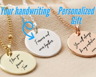 Custom Handwriting Disc Necklace Engraved With Your Loved One’s Writing, Personalized Memorial Jewelry Keepsake Gift for Her