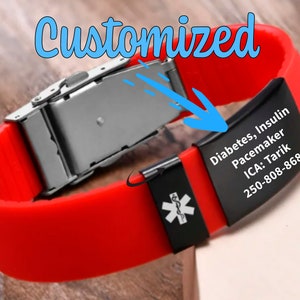 Custom Medical Alert Bracelet With A Silicone Band Personalized With Your In Case of Emergency Medical Information And Identification