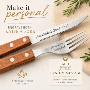 May include: A stainless steel steak knife and dining fork set with wooden handles secured by two silver rivets. The knife blade is engraved with "Anastaisha's Steak Knife" and the fork is engraved with "Anastaisha's Dining Fork" in black script.