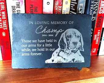 Personalized Pet Portrait Memorial Plaque Stone For Dog And Cat Engraved With Texts And Pawprint For Pet Remembrance Memorial Grave Stone