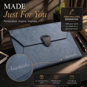 May include: A blue document folder with a flap closure and a black tab. The text reads MADE Just For You, Personalize. Inspire. Impress., PERSONALIZED ENGRAVING, Add your name or initials for a personal touch., A THOUGHTFUL GIFT, PREMIUM PU LEATHER, STYLISH & FUNCTIONAL, and the name Anastaisha.