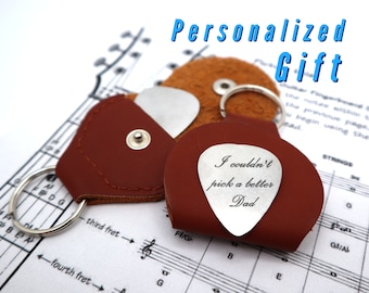Custom Guitar Pick And Holder | Personalized Guitar Plectrums With Leather Case Keychain | Gift for Husband Dad Boyfriend Gift For Him Music