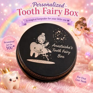 Scatola personalizzata per la fatina dei denti, incisa con il nome del tuo bambino: un regalo in latta prezioso per il suo primo dentino caduto.
