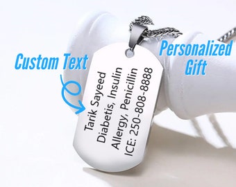 Personalized Medical Alert Necklace Engraved With Emergency Info, Safety ID Jewelry for Autism, Dementia, Epilepsy, Diabetes or Allergies