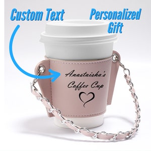 Portavasos de café personalizado con funda y correa de cadena, portavasos de café y té grabado para amantes del café, regalos para amantes del café