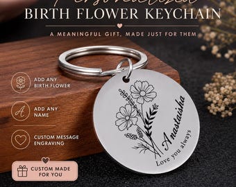 Personalized Birth Flower Keychain Engraved With Name or Message Custom Birth Month Floral Keychain Gift for Her Mom Daughter Valentine