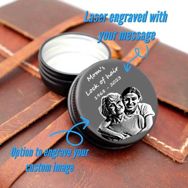 Personalized Memorial Lock Of Hair Keepsake Tin Box With Engraved Custom Image And Text | Engraved Memorial Tin Box Container For Pet Hair