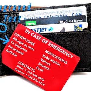 Alerte médicale personnalisée I.C.E. Carte, Carte en cas d'urgence, Carte d'invalidité, Carte d'alerte médicale, Bracelet d'alerte, Carte de contact d'urgence
