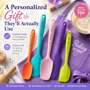 May include: A five-piece set of silicone spatulas in orange, turquoise, light pink, purple, and lime green. Each handle features custom text including Bake Love, Anastaisha, Cookie Queen, Chef Mom, and Stir. Mix. Love. with a heart icon.