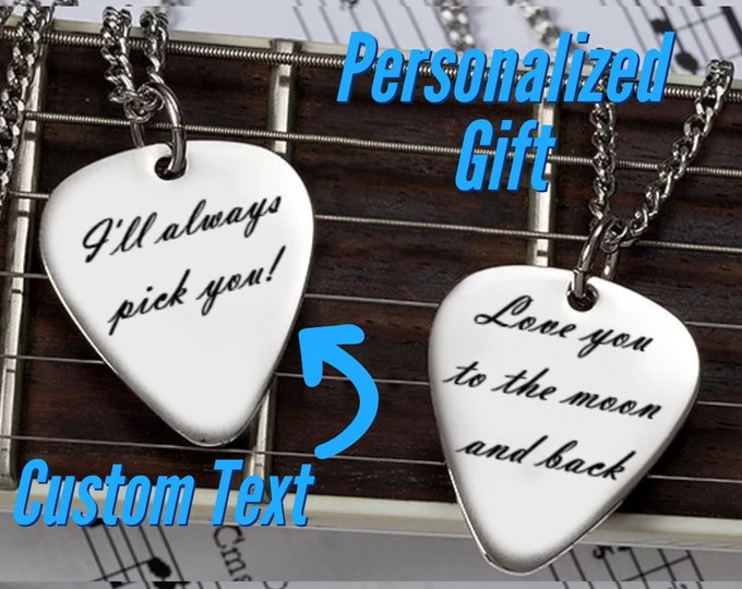Engraved Guitar Pick Necklace Pendant, Personalized Music Gift For Guitarist, Custom Guitar Plectrum Necklace Gift for Husband Dad Boyfriend