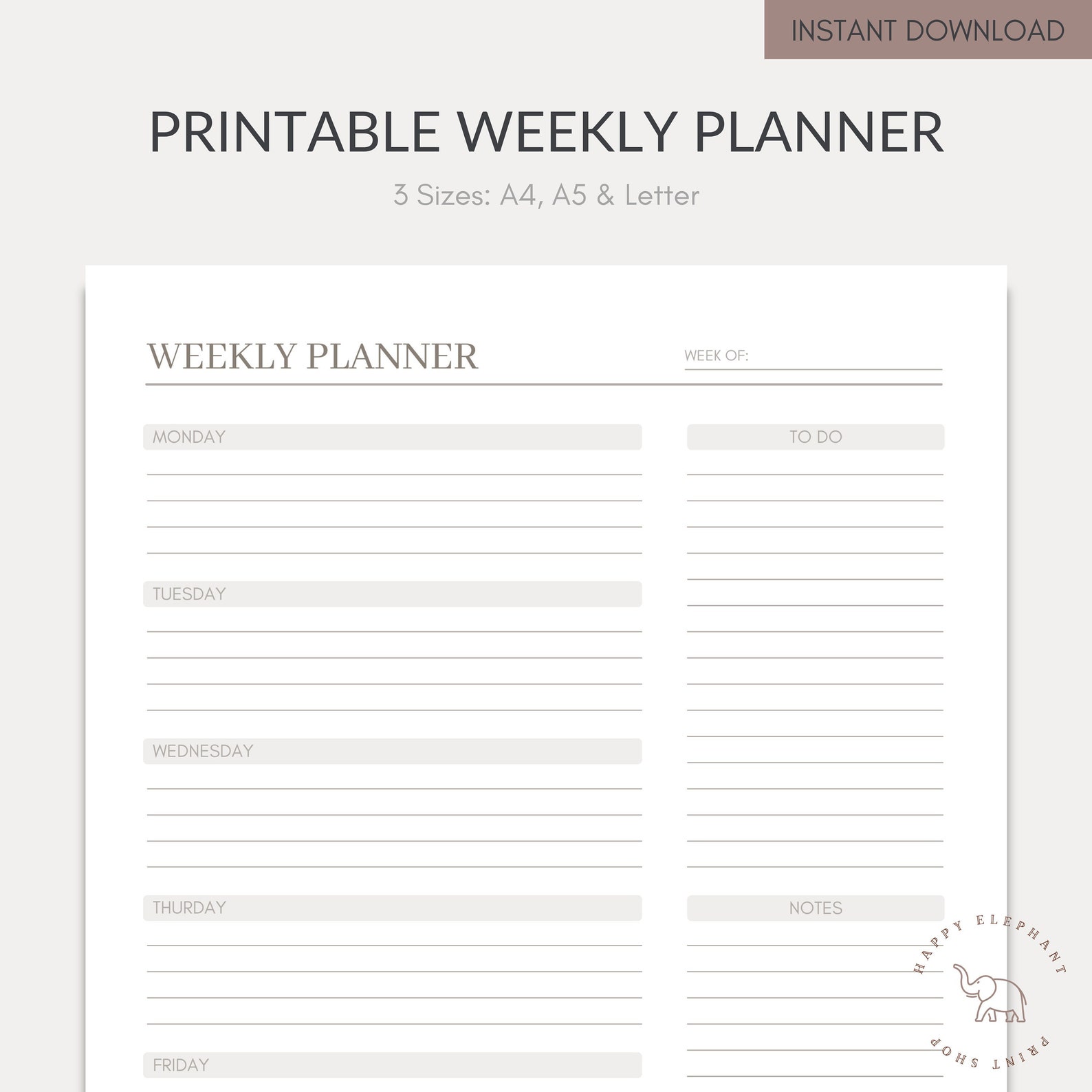 Printable PDF Weekly Planner | Printable | A4, A5 & Letter Size ...