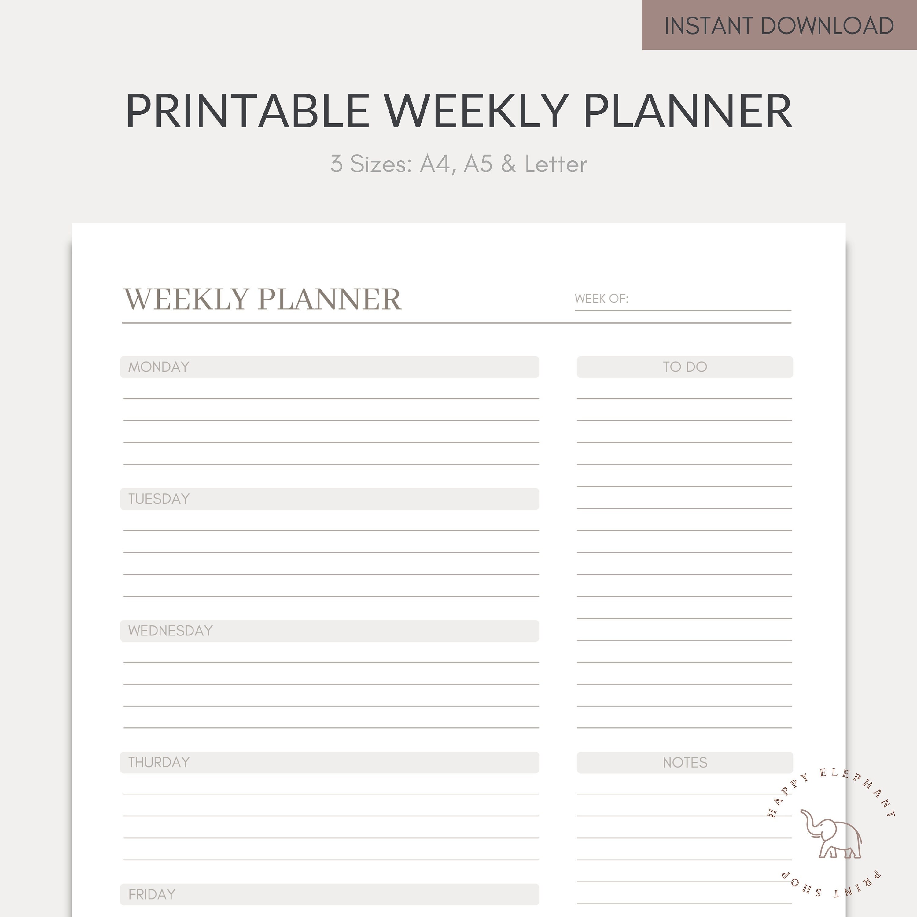 Printable PDF Weekly Planner | Printable | A4, A5 & Letter Size ...