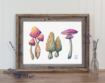 Mushroom Trio Painting, Watercolor Mushrooms, Fungi Art, Mushroom Art Print