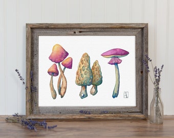 Watercolor Mushroom Trio Art Print: Hand-Embellished