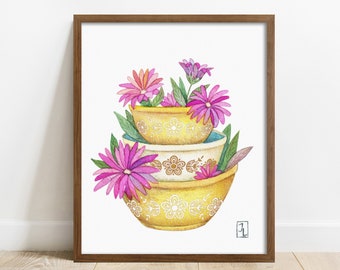 Vintage Kitchen Artwork, Pyrex Art Print, Butterfly Gold Pattern