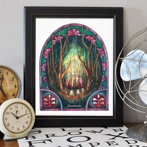 May include: A watercolor painting of a forest scene with a glowing light in the center. The painting is framed in a black frame and has a stained glass effect. The text "Watercolor" is written in the bottom right corner.