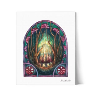 May include: A watercolor painting of a forest scene with a group of figures gathered around a glowing light source. The scene is framed by a stained glass window with intricate details in shades of green, purple, and red.