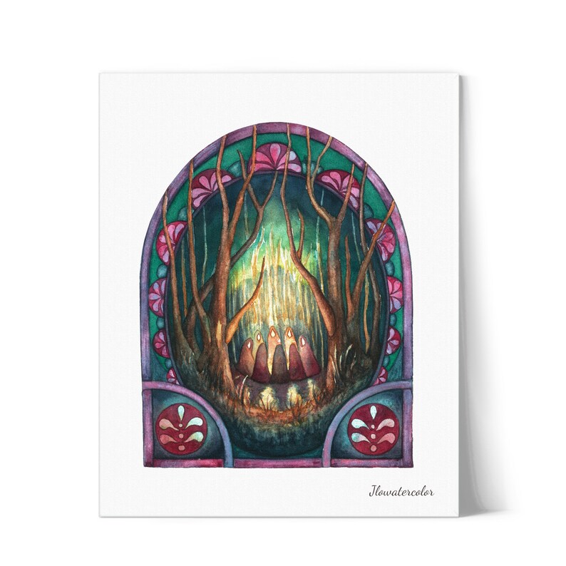 May include: A watercolor painting of a forest scene with a group of figures gathered around a glowing light source. The scene is framed by a stained glass window with intricate details in shades of green, purple, and red.
