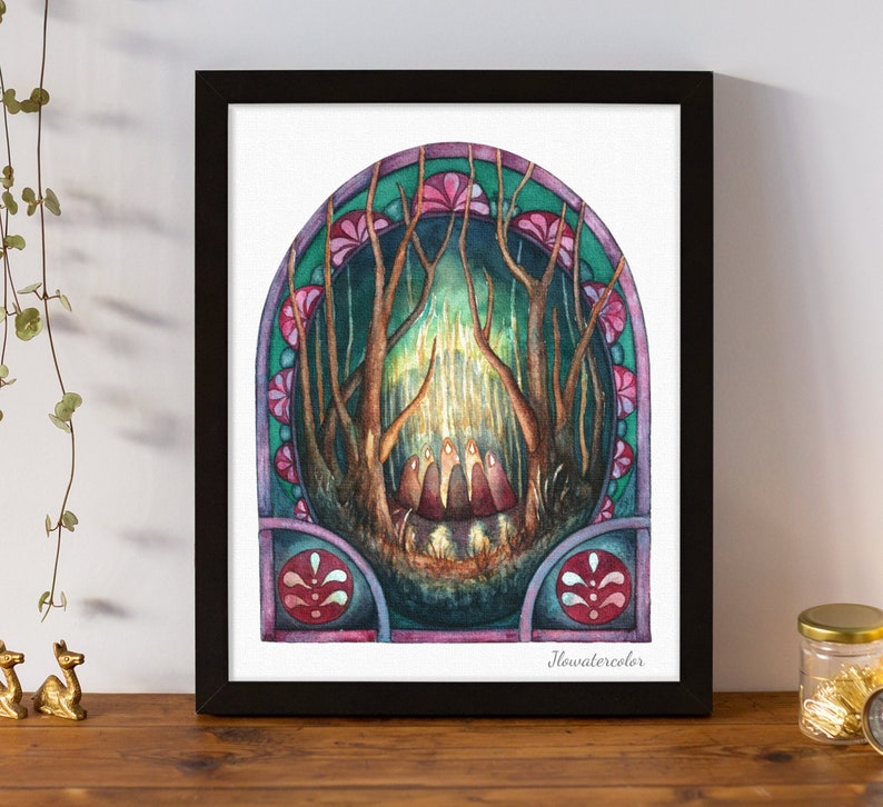 May include: Watercolor painting of a forest scene with a glowing light in the center. The forest is depicted in shades of green, blue, and purple, with a dark brown path leading to the light. The light is surrounded by a group of figures, each with a different color. The painting is framed in a black frame with a white mat.