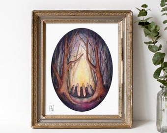 Coven Watercolor Painting: Hand-Embellished Witch Art Print (8x10)