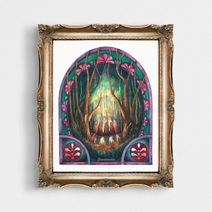 Artwork of a witch coven meeting in the dark woods. They are surrounded by an art nouveau style border.