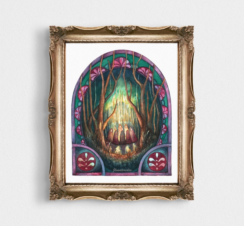 Artwork of a witch coven meeting in the dark woods. They are surrounded by an art nouveau style border.
