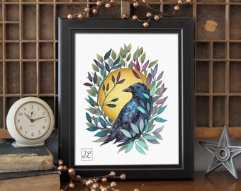 Watercolor Crow Art Print: Hand-Embellished Botanical Design