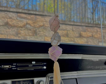 Clear Quartz, Amethyst and Rose Quartz Macrame Car Charm