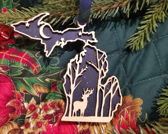 Michigan Deer Ornament, Michigan Ornament, Deer Ornament, Laser Cut Wood Ornament, Christmas, Christmas Tree Ornament