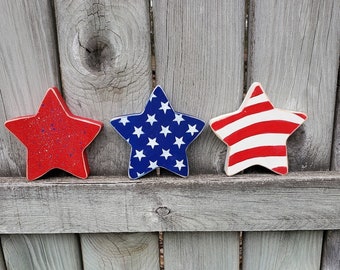 Wood Stars, Fourth of July Decor, Chunky Stars, Tiered Tray Decoration, Independence Day, Red, White, Blue, American Flag.