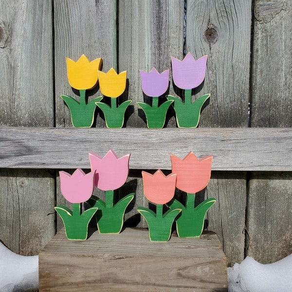 Wooden tulips, Spring flowers, Spring home decor, Rustic farmhouse tulips, tiered tray decor, Springtime, Mother's Day, Gardening