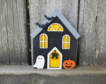 Wood haunted house, Haunted house, Halloween tiered tray, Fall shelf sitter, Little wood house shelf sitter, Halloween decor, Chunky house